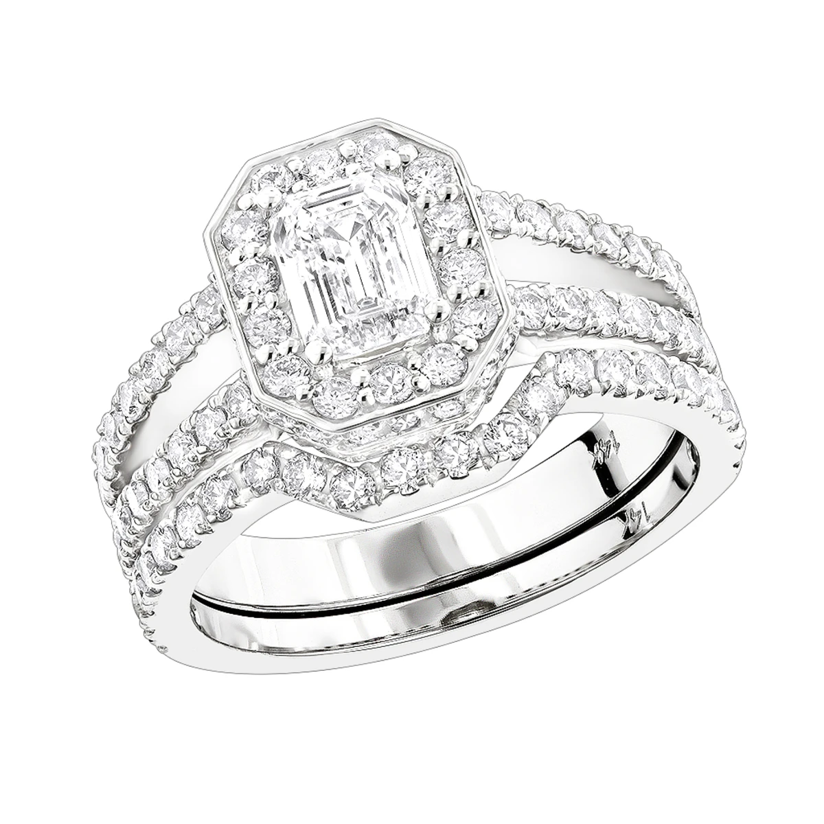 Halo Emerald Diamond Engagement Ring Wedding Band Set 14K White Gold 2.6ct 3 Halo Emerald Diamond Engagement Ring Wedding Band Set 14K White Gold 2.6ct