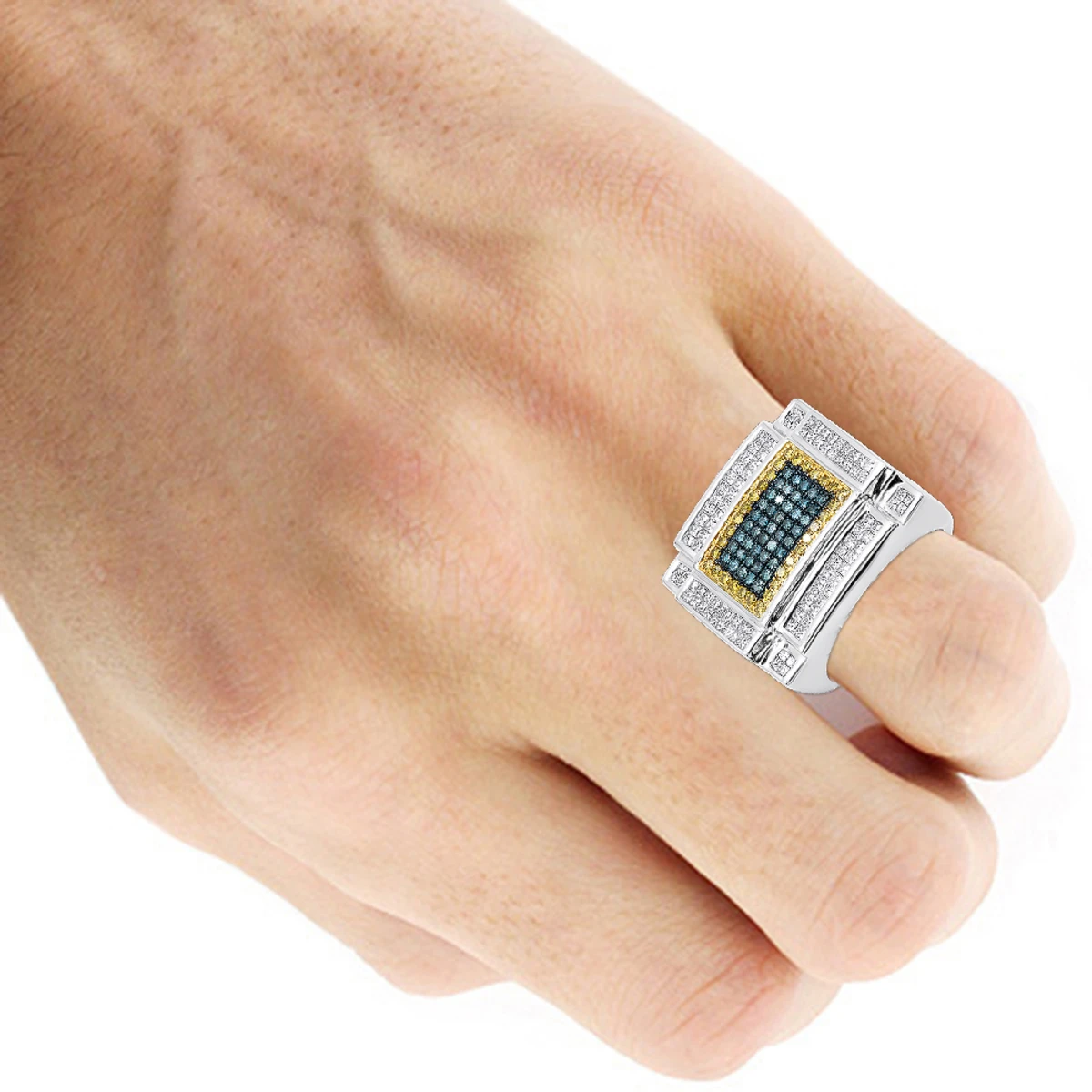 14K White Gold White Yellow And Blue Diamond Ring For Men 3.75 Carats Color Diamonds 9 14K White Gold White Yellow And Blue Diamond Ring For Men 3.75 Carats Color Diamonds - Image 7