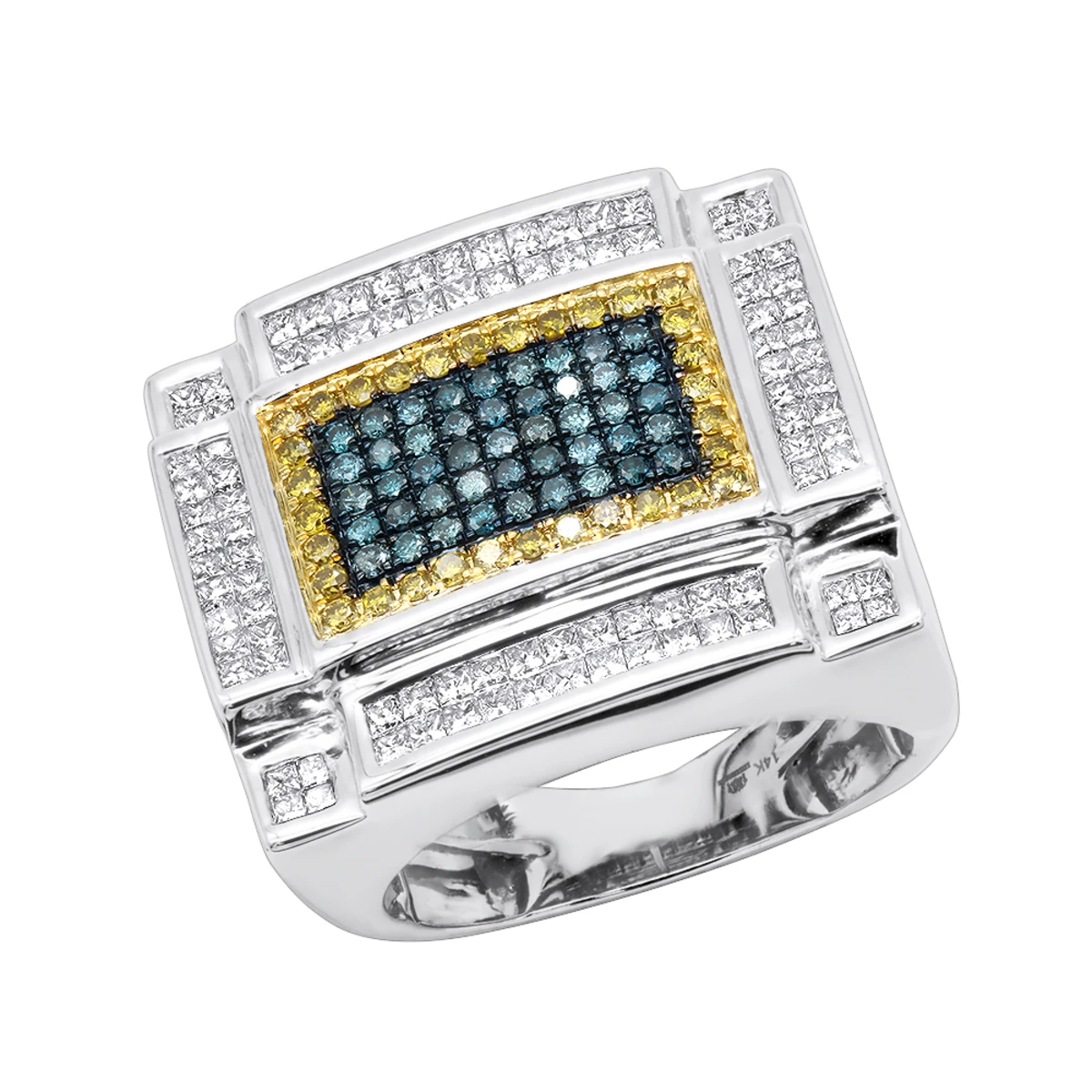 14K White Gold White Yellow And Blue Diamond Ring For Men 3.75 Carats Color Diamonds 3 14K White Gold White Yellow And Blue Diamond Ring For Men 3.75 Carats Color Diamonds