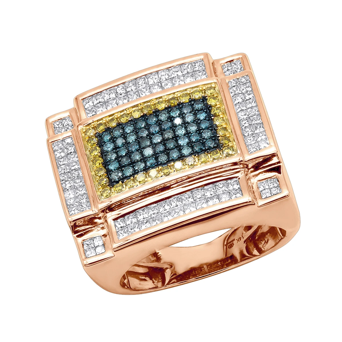 14K White Gold White Yellow And Blue Diamond Ring For Men 3.75 Carats Color Diamonds 5 14K White Gold White Yellow And Blue Diamond Ring For Men 3.75 Carats Color Diamonds - Image 3