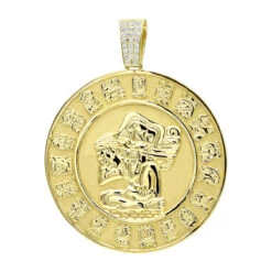 Custom Aztec Sun Stone Calendar Coin Diamond Pendant 18K Yellow Gold For Men