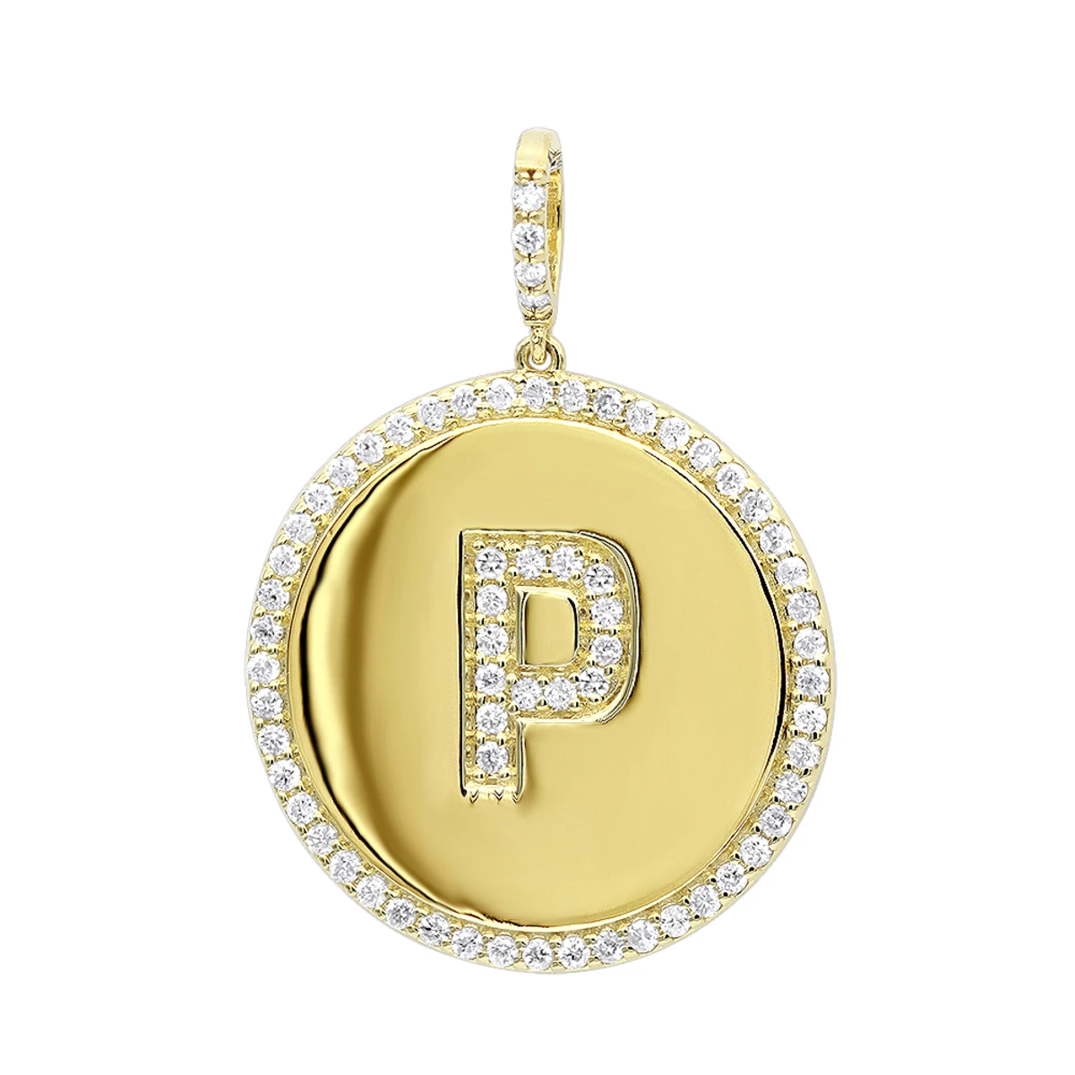 Customizable 14K Yellow Gold Diamond Circle Alphabet Pendant For Women 0.7ct Medallion 3 Customizable 14K Yellow Gold Diamond Circle Alphabet Pendant For Women 0.7ct Medallion
