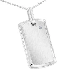 Engravable Sterling Silver Diamond Dog Tag Pendant For Men & Chain Necklace