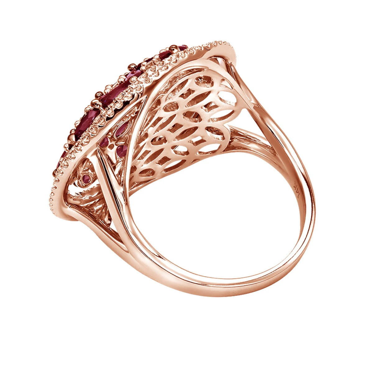 Unique Halo Circle Diamond Right Hand Ring For Women With Rubies 14K Rose Gold 6 Unique Halo Circle Diamond Right Hand Ring For Women With Rubies 14K Rose Gold - Image 4