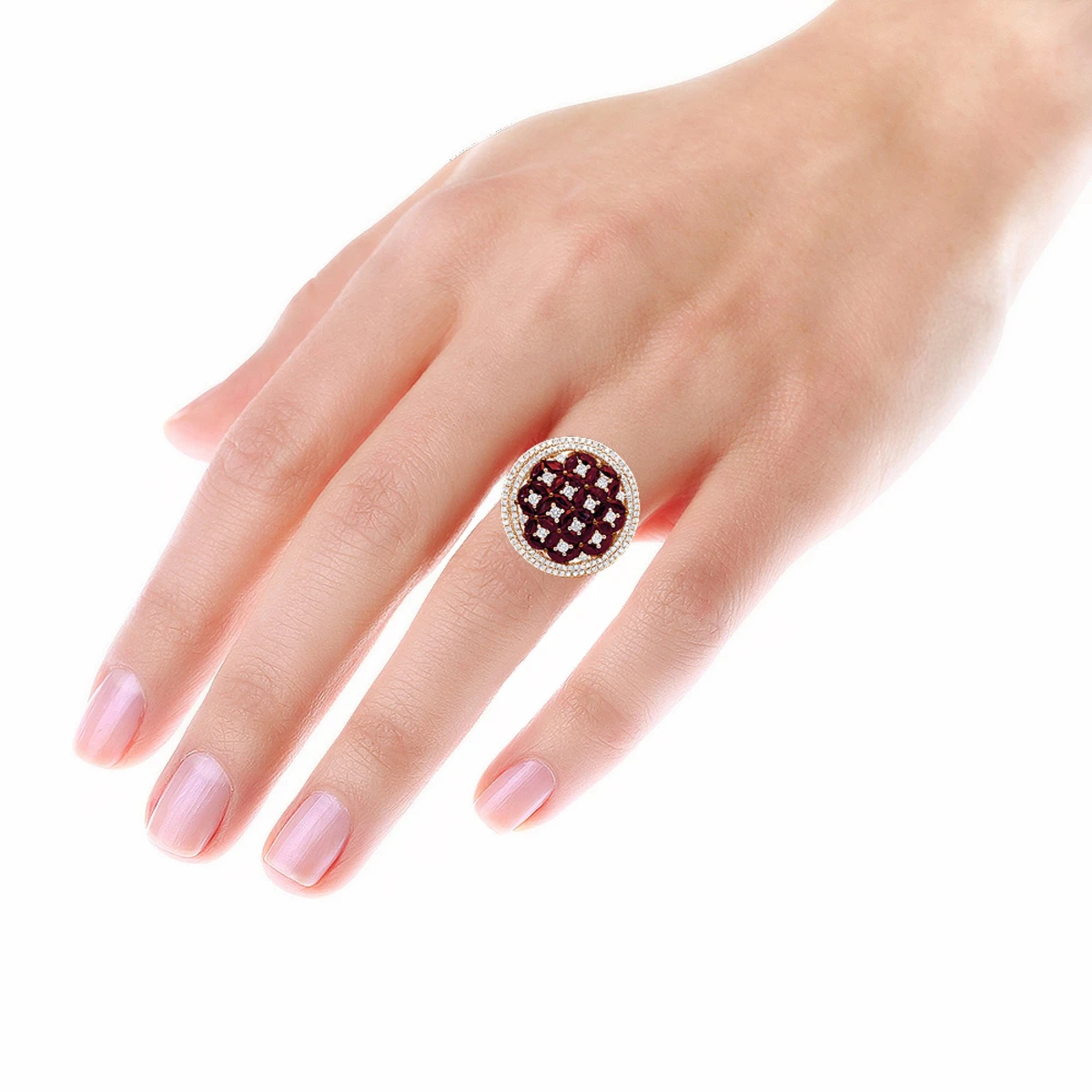 Unique Halo Circle Diamond Right Hand Ring For Women With Rubies 14K Rose Gold 7 Unique Halo Circle Diamond Right Hand Ring For Women With Rubies 14K Rose Gold - Image 5