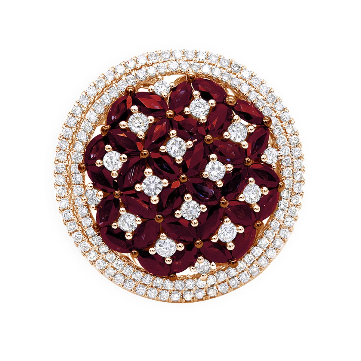 Unique Halo Circle Diamond Right Hand Ring For Women With Rubies 14K Rose Gold 3 Unique Halo Circle Diamond Right Hand Ring For Women With Rubies 14K Rose Gold