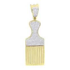 Hip Hop Fancy Afro Pick Comb Diamond Pendant For Men 10K Yellow Gold