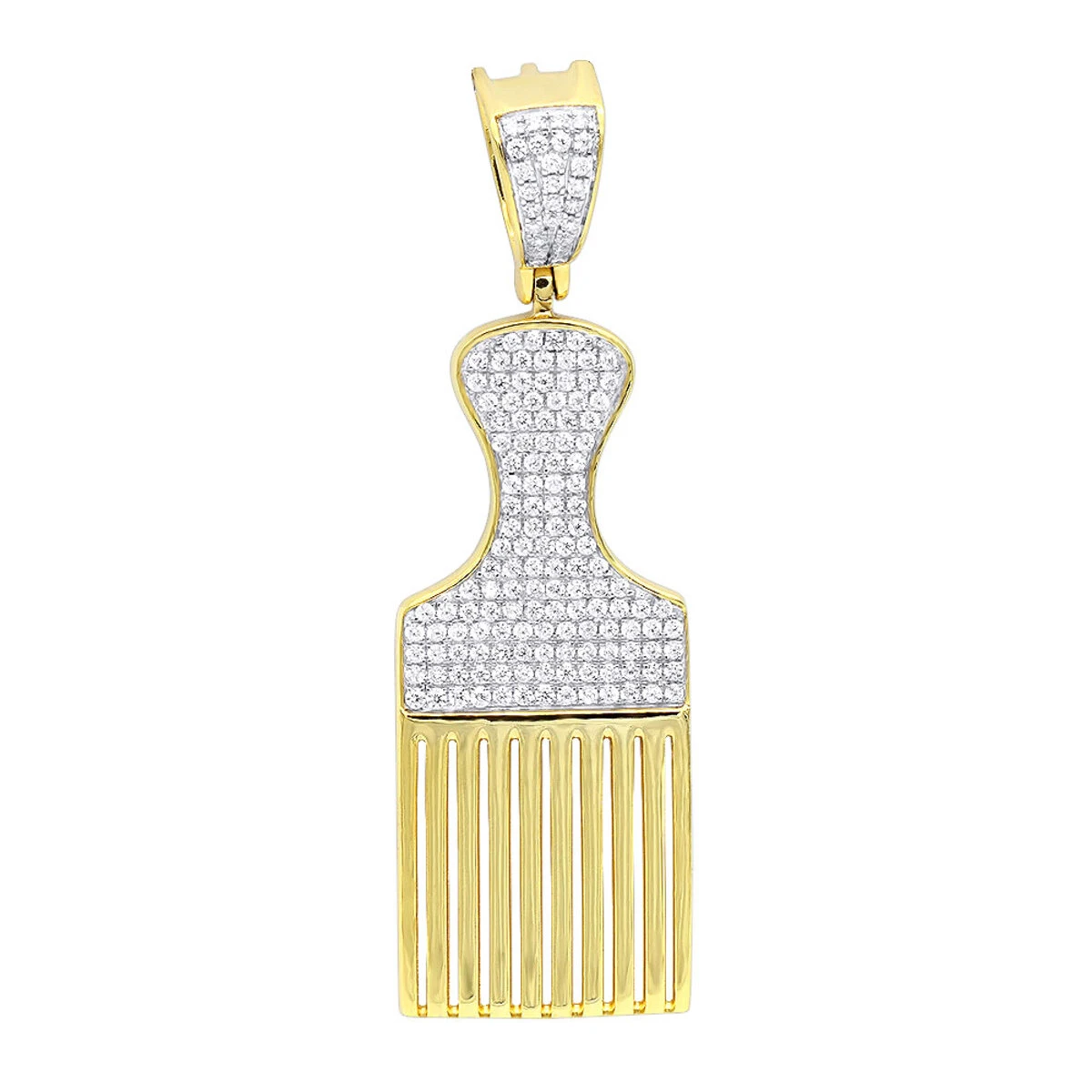 Hip Hop Fancy Afro Pick Comb Diamond Pendant For Men 10K Yellow Gold 3 Hip Hop Fancy Afro Pick Comb Diamond Pendant For Men 10K Yellow Gold