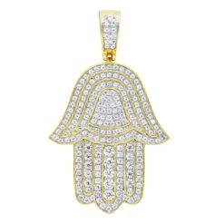 Jewish Large Iced Out Hamsa Hand Pendant 14K Yellow Gold 2CT Diamond Charm