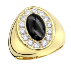 Large 1 Carat Black Onyx Diamond Ring For Men 14K Yellow Gold Pinky Ring