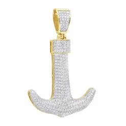 Large 10K Yellow Gold Diamond Anchor Pendant For Men 1.25 Carats