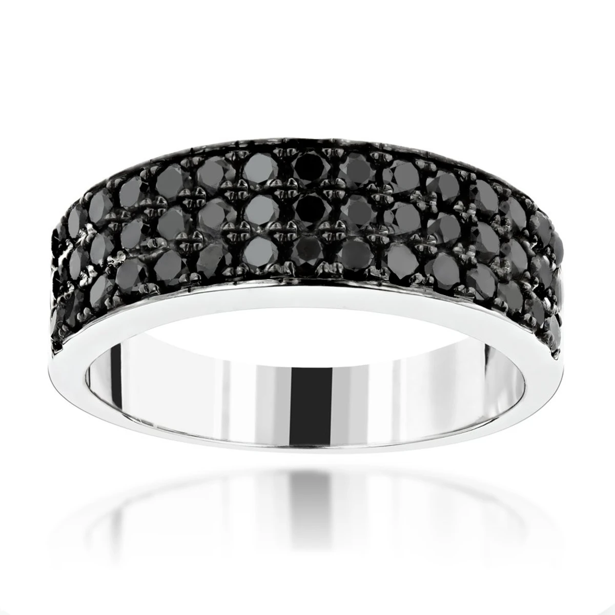 Modern Three Row Black Diamond Ring For Men 10K White Gold Wedding Band 1.4CT 3 Modern Three Row Black Diamond Ring For Men 10K White Gold Wedding Band 1.4CT