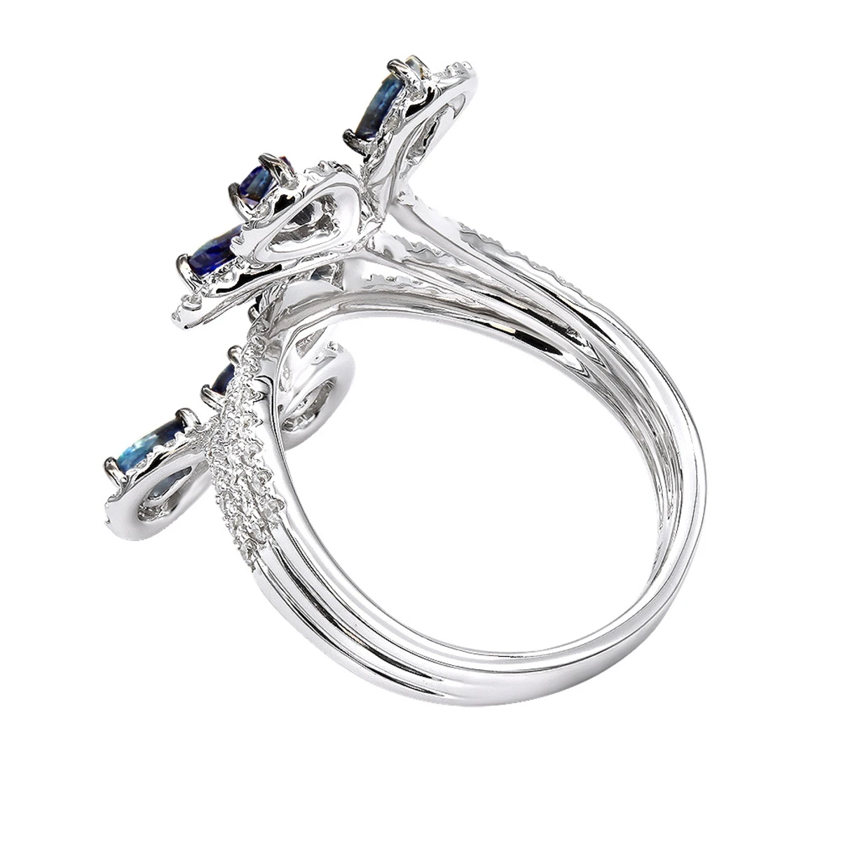 Pear Cut Sapphire And Diamond Flower Bloom Cocktail Ring For Women 14K White Gold 6 Pear Cut Sapphire And Diamond Flower Bloom Cocktail Ring For Women 14K White Gold - Image 4