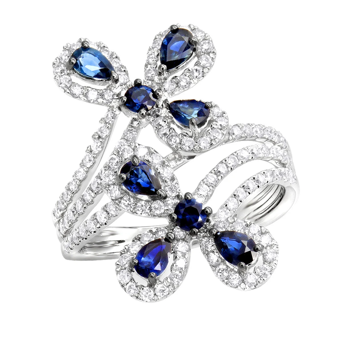 Pear Cut Sapphire And Diamond Flower Bloom Cocktail Ring For Women 14K White Gold 3 Pear Cut Sapphire And Diamond Flower Bloom Cocktail Ring For Women 14K White Gold