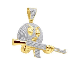 10K Yellow Gold Angry Emoji With AK47 Machine Gun Pendant With Diamonds 1.2ct