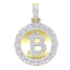 10K Yellow Gold Bitcoin Pendant With Diamonds 2 Carat Men's Circle Charm