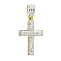 Religious 14K Yellow Gold Large Baguette & Round Diamonds Men's Cross 1.5ct