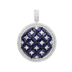 Royal Halo Round Shape Diamond Pendant For Women With Sapphires 14K White Gold