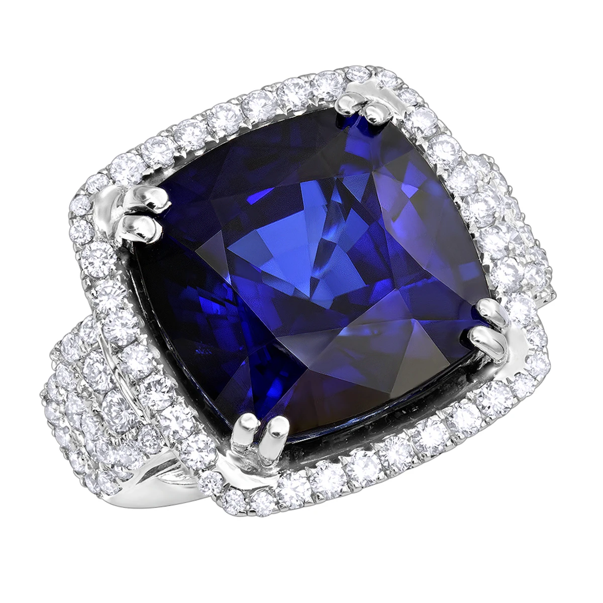 Unique 29.33 Carat Radiant Blue Sapphire & Diamond Ring For Women 18K White Gold 3 Unique 29.33 Carat Radiant Blue Sapphire & Diamond Ring For Women 18K White Gold
