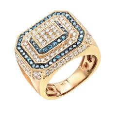 White And Blue Diamonds Halo Setting Ring For Men 14K Yellow Gold By LUXURMAN -Its Hot Jewelry Shop jewelry white and blue diamonds halo setting ring for men 14k gold by luxurman ro