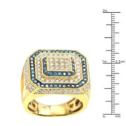 White And Blue Diamonds Halo Setting Ring For Men 14K Yellow Gold By LUXURMAN -Its Hot Jewelry Shop jewelry white and blue diamonds halo setting ring for men 14k gold by luxurman rulerye