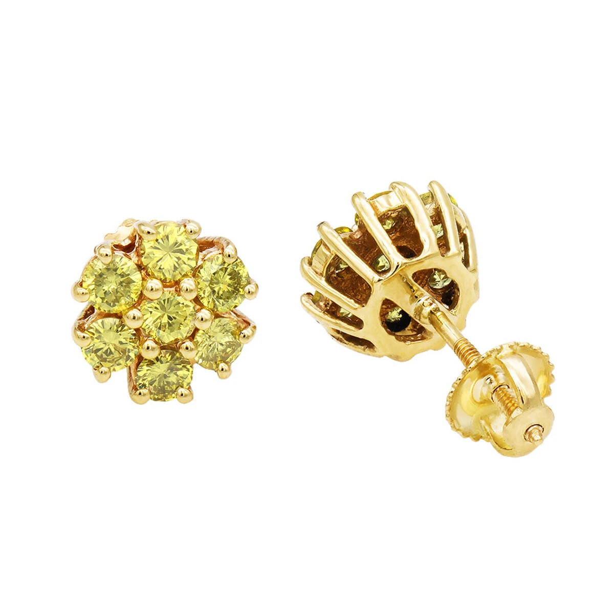 Women's Or Men's 1.5 Carat Yellow Diamonds Cluster Stud Earrings 14K Yellow Gold 3 Women's Or Men's 1.5 Carat Yellow Diamonds Cluster Stud Earrings 14K Yellow Gold