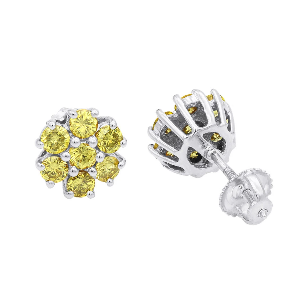 Women's Or Men's 1.5 Carat Yellow Diamonds Cluster Stud Earrings 14K Yellow Gold 4 Women's Or Men's 1.5 Carat Yellow Diamonds Cluster Stud Earrings 14K Yellow Gold - Image 2