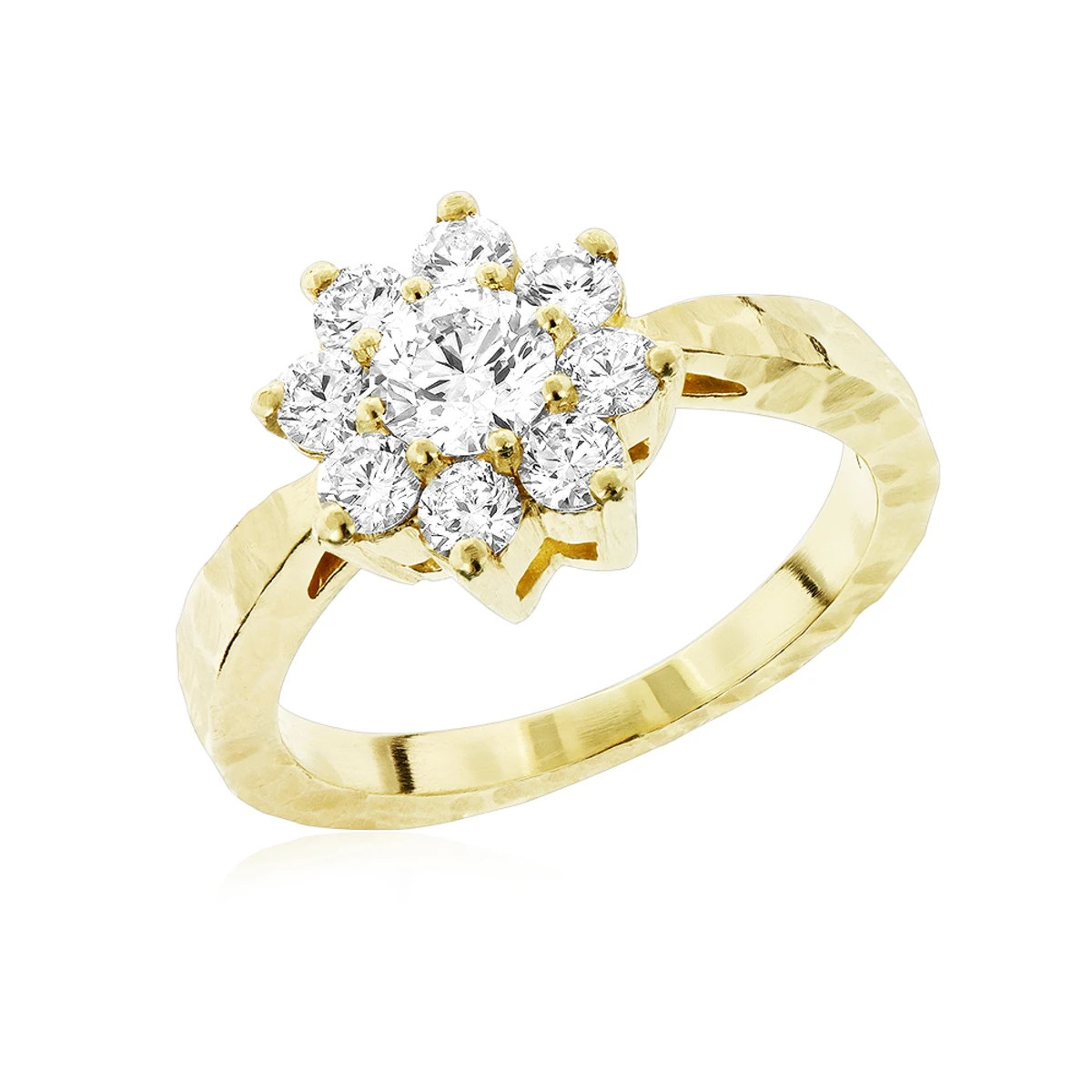 Hammered 14K Yellow Gold Diamond Flower Cluster Ring 1.3ct 3 Hammered 14K Yellow Gold Diamond Flower Cluster Ring 1.3ct