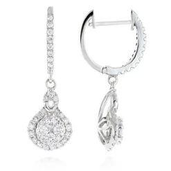 Ladies Diamond Drop Earrings By Luxurman 14K White Gold 1.1ct Drop Shape Clusters