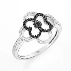Ladies Flower Ring With Black And White Diamonds 0.31ct 14K White Gold