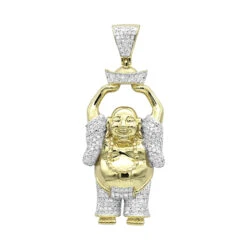 Large 1 Carat 10K Yellow Gold Smiling Diamond Buddha Pendant For Men