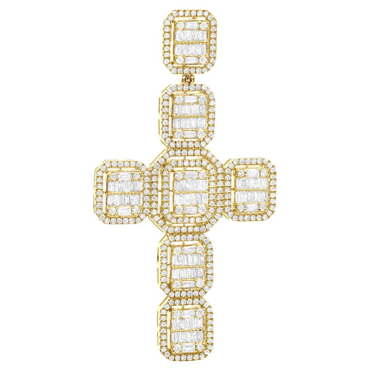 Large 14K Yellow Gold Diamond Cross Pendant For Men W Baguette & Round Diamonds 5Ct 3 Large 14K Yellow Gold Diamond Cross Pendant For Men W Baguette & Round Diamonds 5Ct