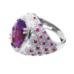 Large Amethyst Cocktail Ring With Diamonds And Pink Sapphires 18K Yellow Gold -Its Hot Jewelry Shop large amethyst cocktail ring with diamonds and pink sapphires 18k gold backwh