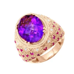 Large Amethyst Cocktail Ring With Diamonds And Pink Sapphires 18K Yellow Gold -Its Hot Jewelry Shop large amethyst cocktail ring with diamonds and pink sapphires 18k gold ro