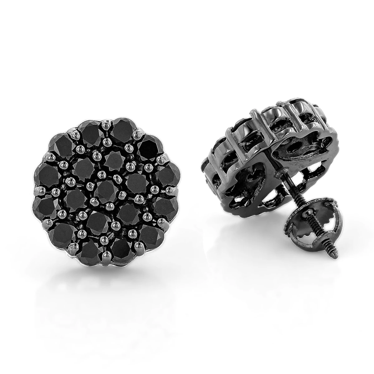 Large Black Diamond Cluster Earrings 3.5 Ct 10K Black Plated Gold Studs 3 Large Black Diamond Cluster Earrings 3.5 Ct 10K Black Plated Gold Studs
