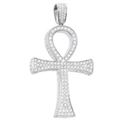 Large Diamond Ankh Cross Pendant For Men 14K White Gold 2.5 Inches 7 Carats