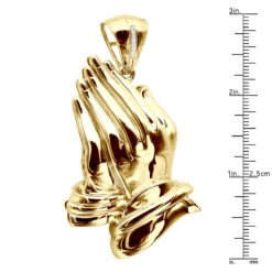 Large Men's 14K Yellow Gold Praying Hands Pendant With Diamond Bail 3 Inches Long -Its Hot Jewelry Shop large mens 14k gold praying hands pendant with diamond bail 3 inches long ruler yellow