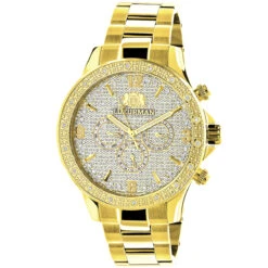 Luxurman Liberty Men's Diamond Watch For Sale 0.2ct Yellow Gold Plated Swiss