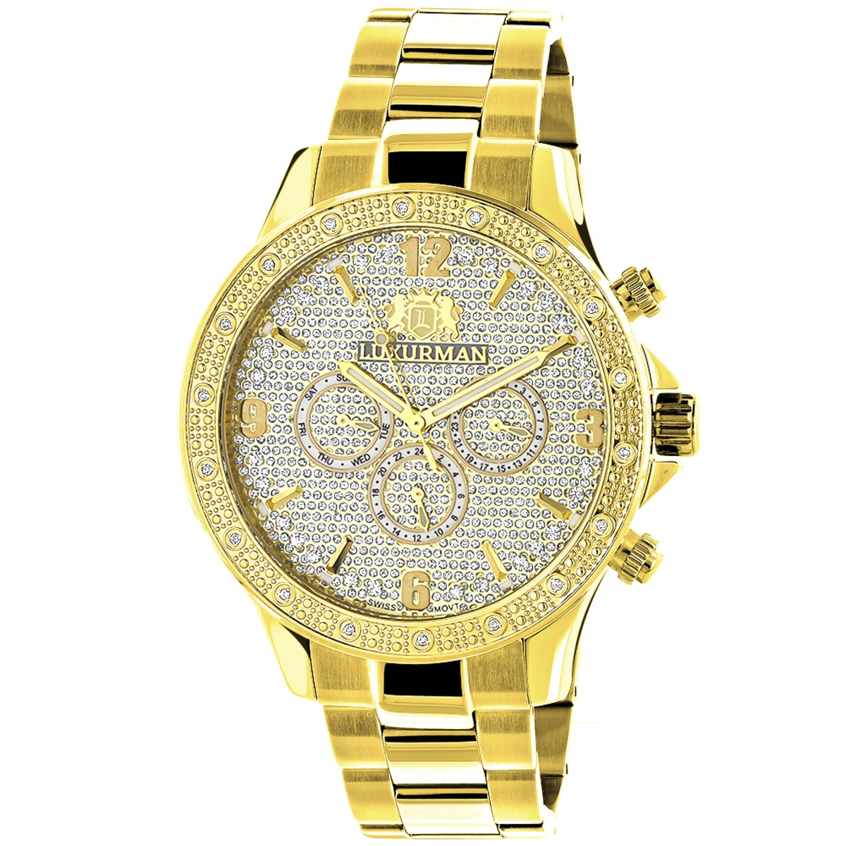Luxurman Liberty Men's Diamond Watch For Sale 0.2ct Yellow Gold Plated Swiss 3 Luxurman Liberty Men's Diamond Watch For Sale 0.2ct Yellow Gold Plated Swiss