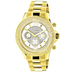 Luxurman Yellow Gold Tone Men's Diamond Watch 0.2ct Swiss Quartz Metal Band