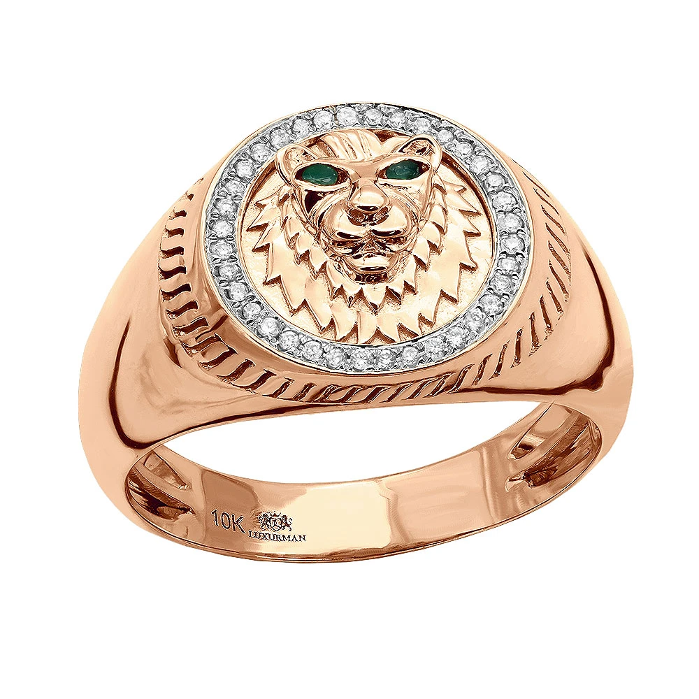 Men's Diamond Ring 10K Yellow Gold Lion Head Damond And Emerald Pinky Ring 5 Men's Diamond Ring 10K Yellow Gold Lion Head Damond And Emerald Pinky Ring - Image 3