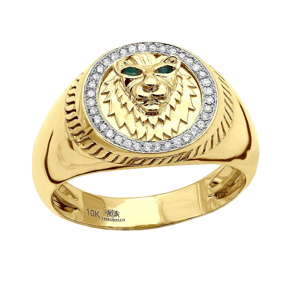 Men's Diamond Ring 10K Yellow Gold Lion Head Damond And Emerald Pinky Ring 3 Men's Diamond Ring 10K Yellow Gold Lion Head Damond And Emerald Pinky Ring