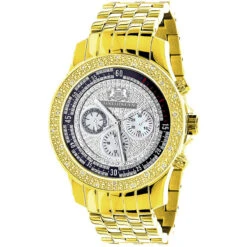 Yellow Gold Plated Real Diamond Watch For Men Luxurman Raptor 0.25ct Metal Band