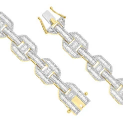 Mens Mariner Link Diamond Bracelet 10K Yellow Gold Round Baguette Diamonds 8ct -Its Hot Jewelry Shop mens mariner link diamond bracelet solid 10k gold round baguette diamonds 8ct 407169 claspye