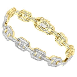 Mens Mariner Link Diamond Bracelet 10K Yellow Gold Round Baguette Diamonds 8ct