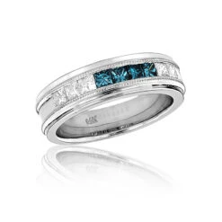Men's White Blue Diamond Wedding Band 1.1ct 14K White Gold Princess Cut Diamonds