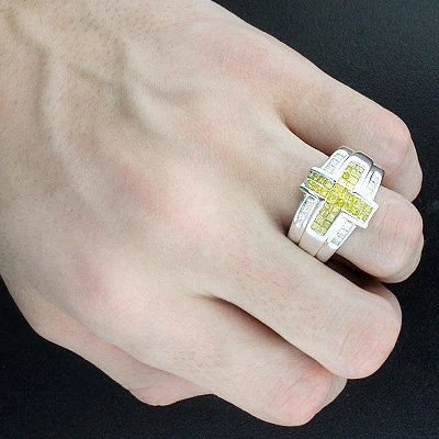 Men's White Yellow Diamond Cross Ring 14K White Gold 2.25ct 5 Men's White Yellow Diamond Cross Ring 14K White Gold 2.25ct - Image 3