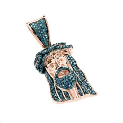 Mini Diamond Jesus Head Pendant 10K Yellow Gold 1/2 Carat Blue Diamonds -Its Hot Jewelry Shop mini diamond jesus head pendant solid 10k gold 1 2 carat blue diamonds rose