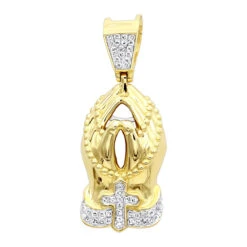Mini Praying Hands And Cross Diamond Pendant For Men 10K Yellow Gold 0.25ct