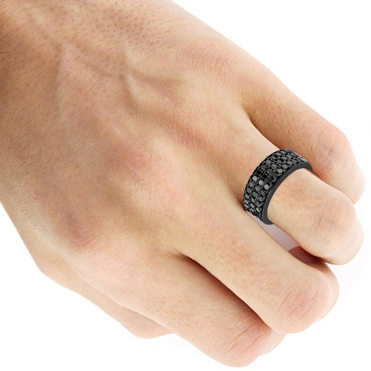 Modern Three Row Black Diamond Ring For Men 10K White Gold Wedding Band 1.4CT 9 Modern Three Row Black Diamond Ring For Men 10K White Gold Wedding Band 1.4CT - Image 7